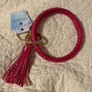 Pink Croc-Embossed Keychain Bracelet with Tassel